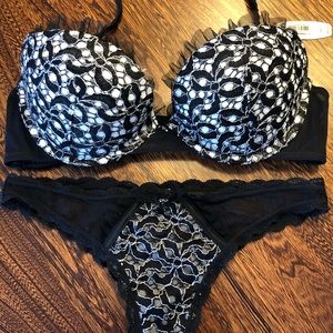 Lace Embroidered Black & White Push-Up Bra and Panty Set